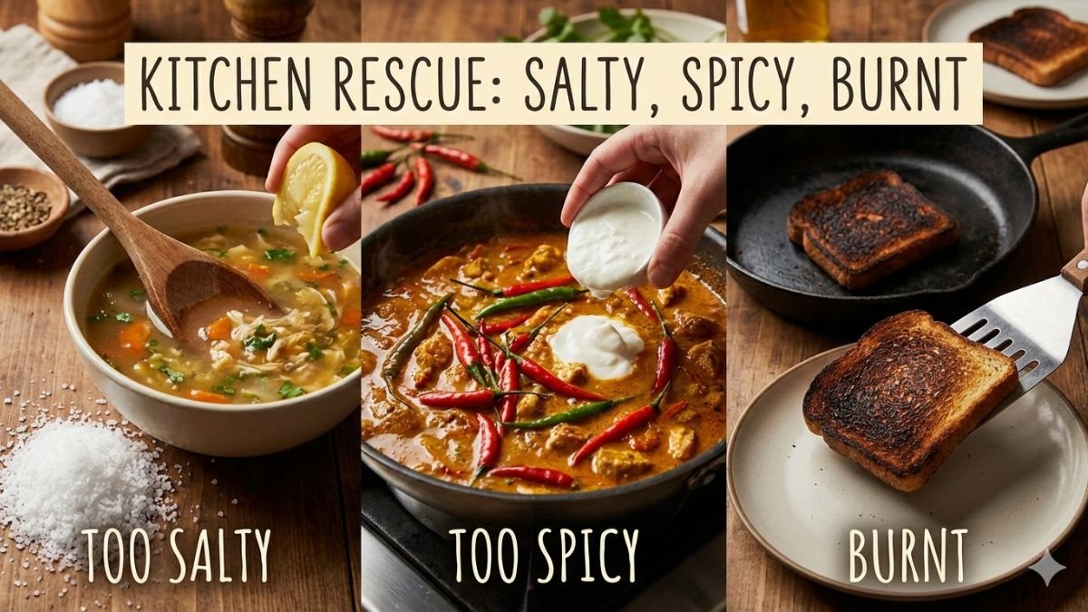A three-panel collage illustrating kitchen rescue hacks: a hand squeezing lemon into salty soup, adding yogurt to a spicy red curry, and salvaging burnt toast from a pan. The image includes text that reads "Kitchen Rescue: Salty, Spicy, Burnt.