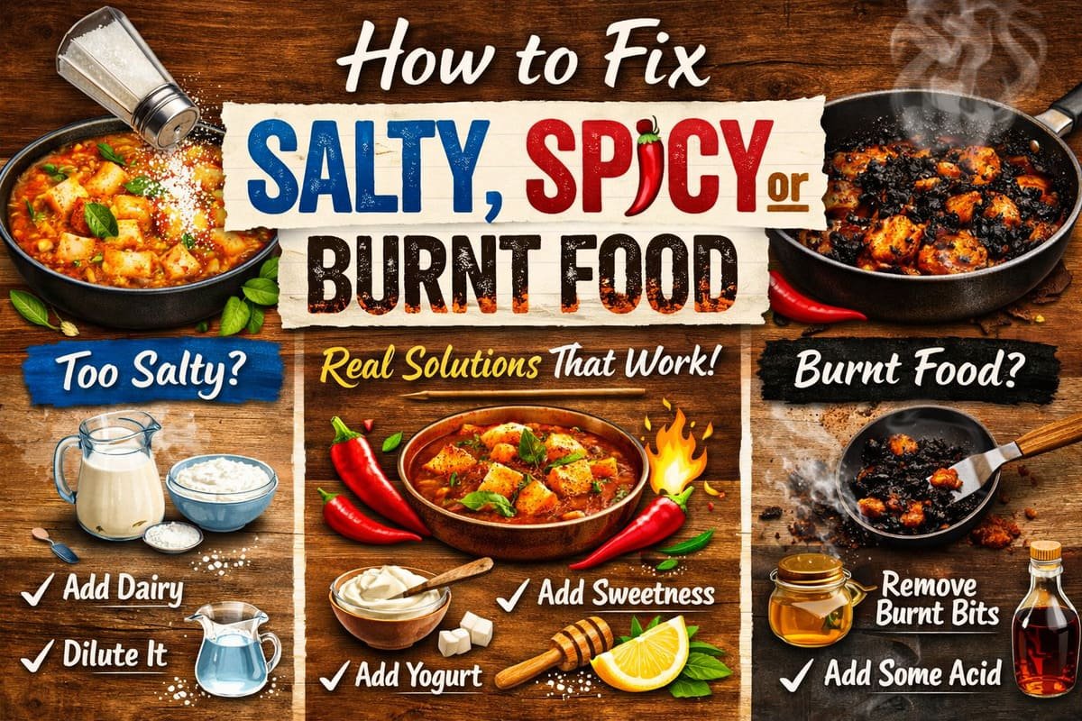 How to fix salty, spicy, or burnt food – kitchen scene showing pot of curry, burnt pan, and ingredients like milk, yogurt, lemon, and spices with practical food rescue tips.