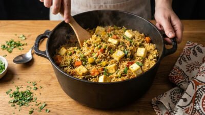 steaming one pot Indian vegetable pulao in a rustic cast iron pot. One Pot Meals for Busy Weekdays (Indian & Fusion)