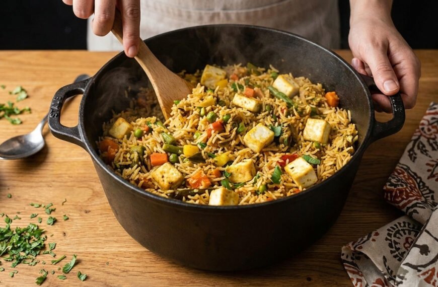 steaming one-pot Indian vegetable pulao in a rustic cast iron pot. One-Pot Meals for Busy Weekdays (Indian & Fusion)