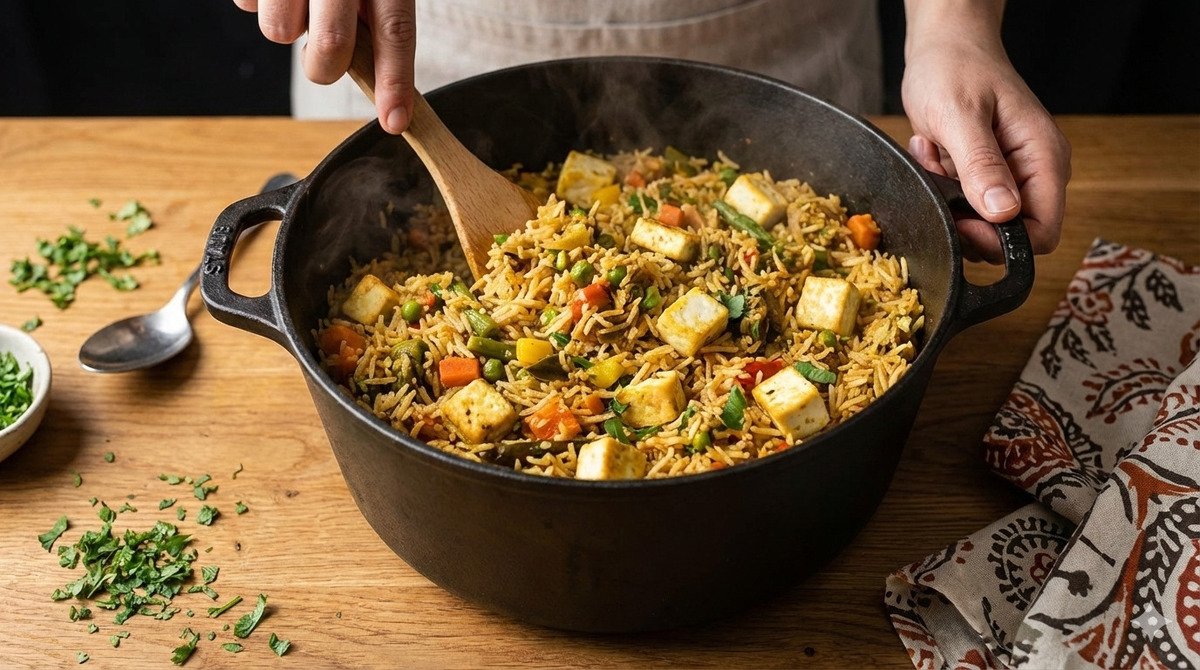 steaming one-pot Indian vegetable pulao in a rustic cast iron pot. One-Pot Meals for Busy Weekdays (Indian & Fusion)